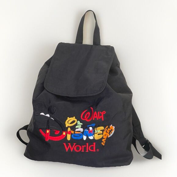 Walt Disney World Black Nylon Drawstring Backpack Embroidered Logo Lightweight - Picture 1 of 14